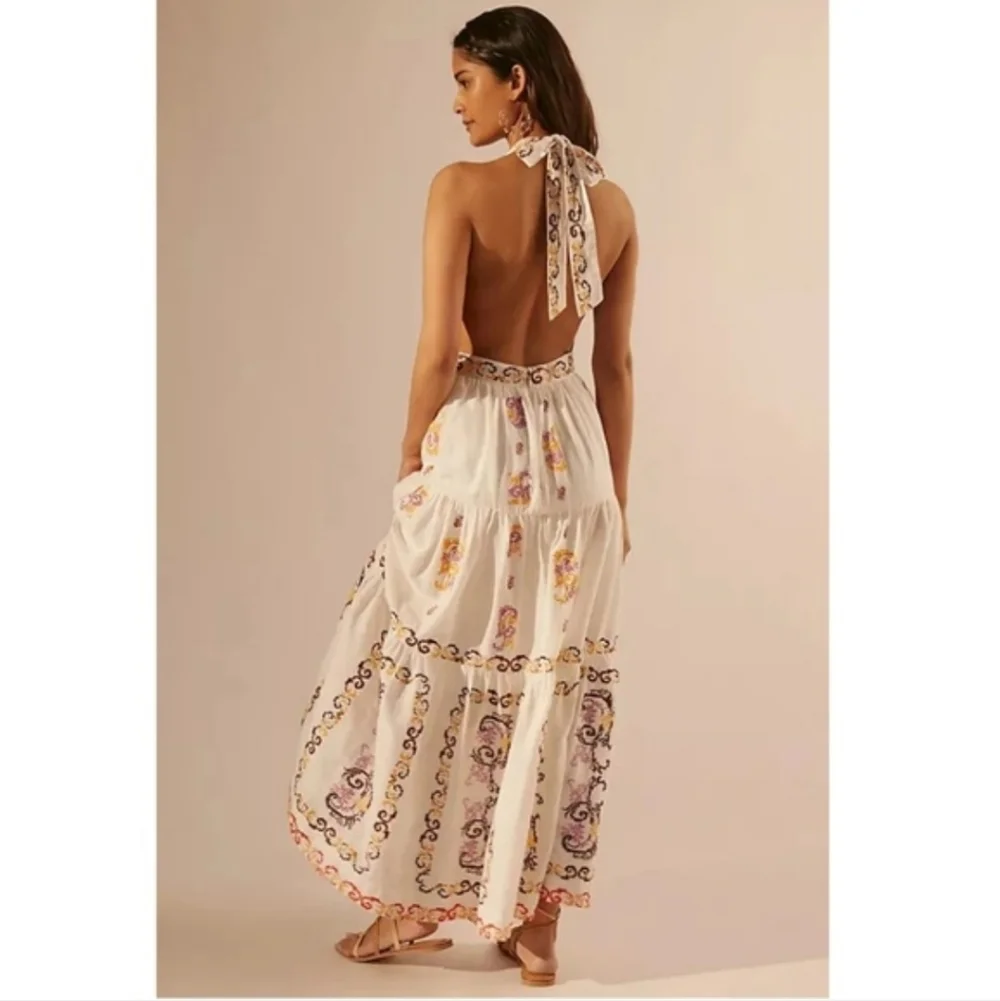 NWT Anthropologie Embroidered Halter Maxi Dress Size 12 In Ivory - Picture 5 of 14